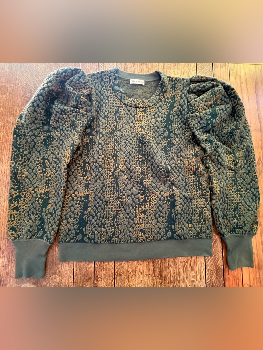 Ulla Johnson Gemma 100% wool green snakeskin puff sleeve crew sweater M reptile